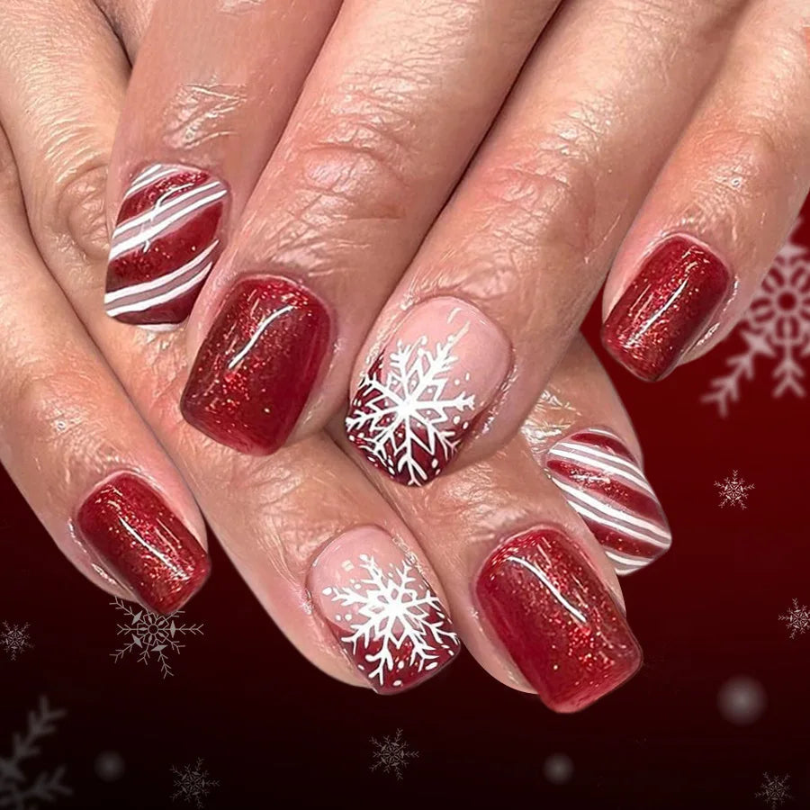 Red Glitter Snowflake and Striped Christmas Press On Nails
