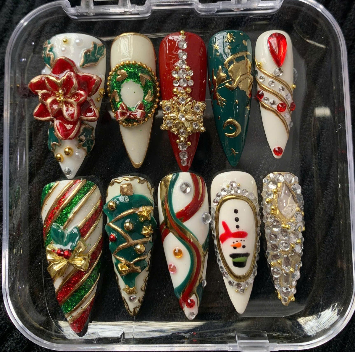 Red, Green and Gold Christmas Nails with 3D Poinsettia, Wreath, Tree and Snowman