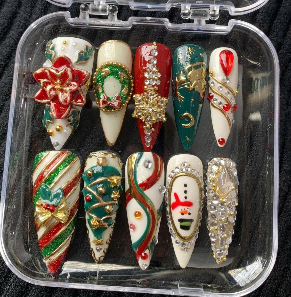 Red, Green and Gold Christmas Nails with 3D Poinsettia, Wreath, Tree and Snowman