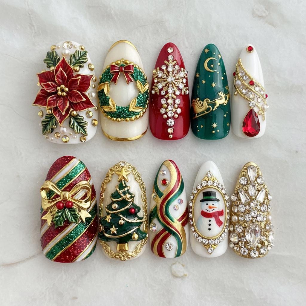 Red, Green and Gold Christmas Nails with 3D Poinsettia, Wreath, Tree and Snowman