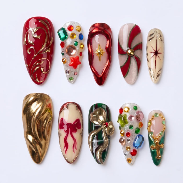 Red, Green and Gold Christmas Press On Nails with Gems, Charms and Bow Details