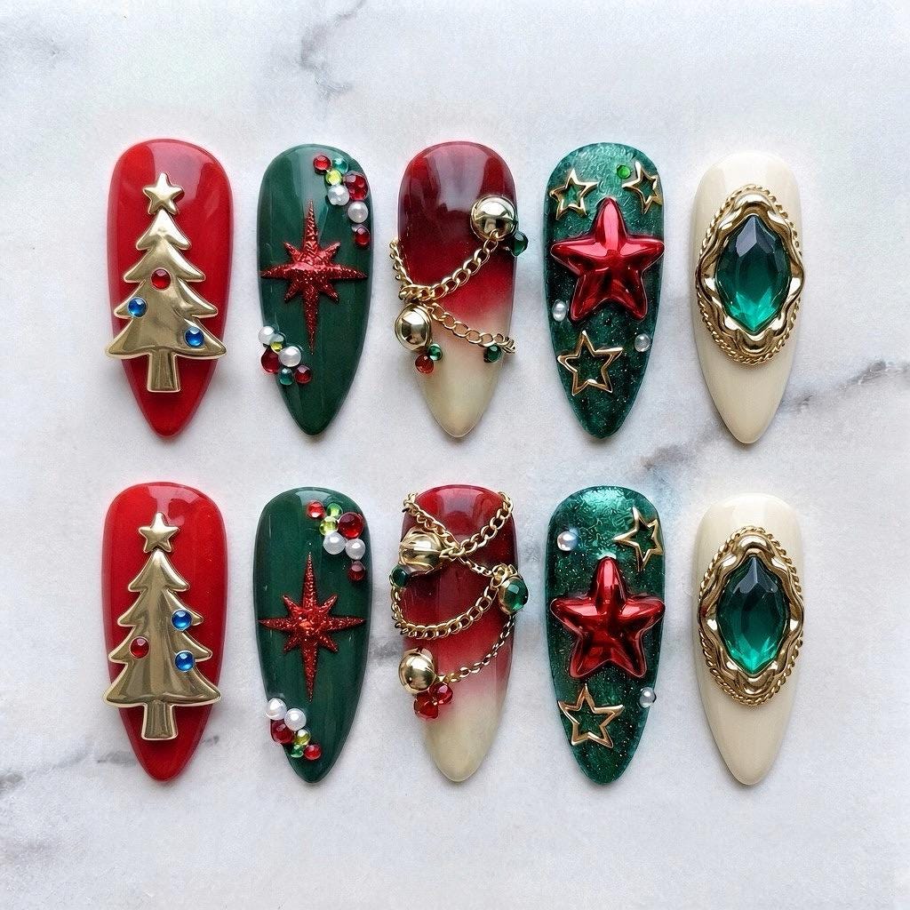 Red, Green and Ivory Christmas Nails with Gold Trees, Chains and Charms