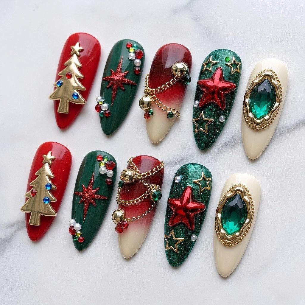Red, Green and Ivory Christmas Nails with Gold Trees, Chains and Charms
