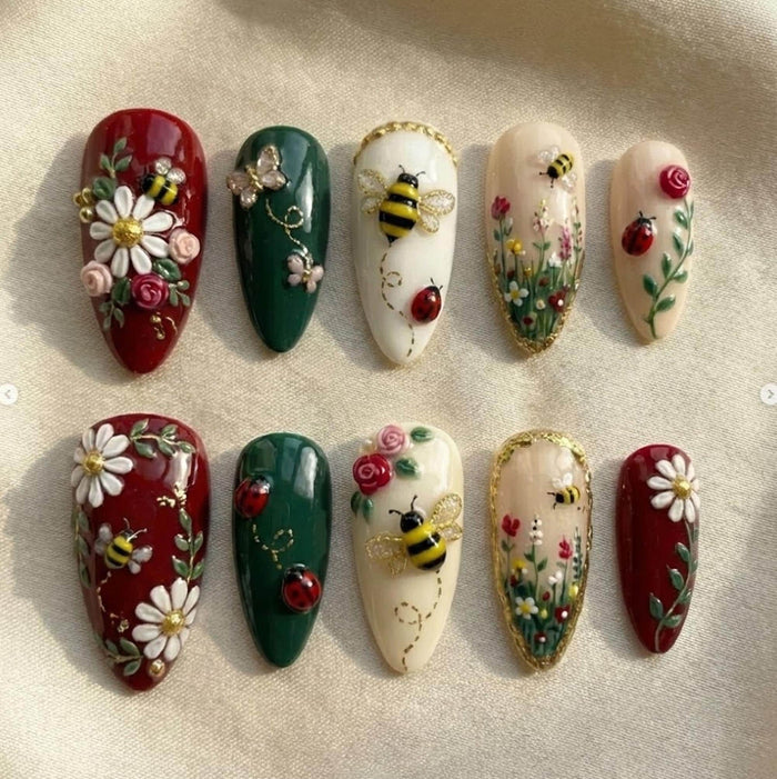 Red, Green and Ivory Floral Bee and Ladybug Press On Nail Set