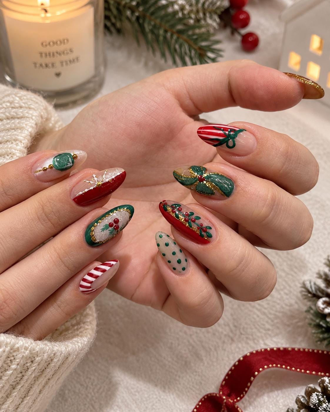 Red, Green and White Christmas Nails With Candy Cane Stripes, Bows and Gold Details
