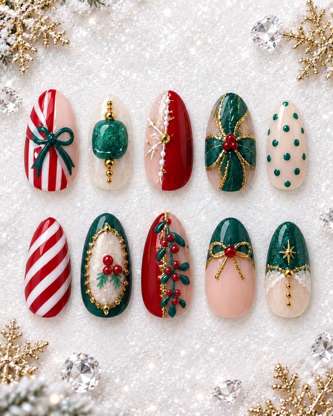 Red, Green and White Christmas Nails With Candy Cane Stripes, Bows and Gold Details
