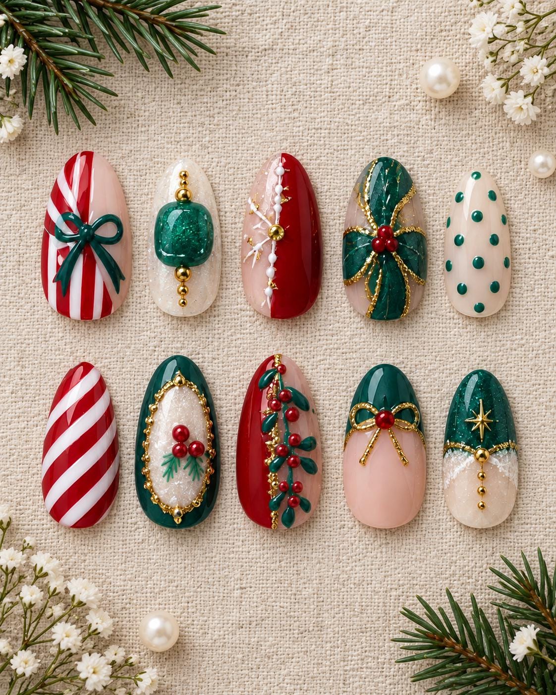 Red, Green and White Christmas Nails With Candy Cane Stripes, Bows and Gold Details