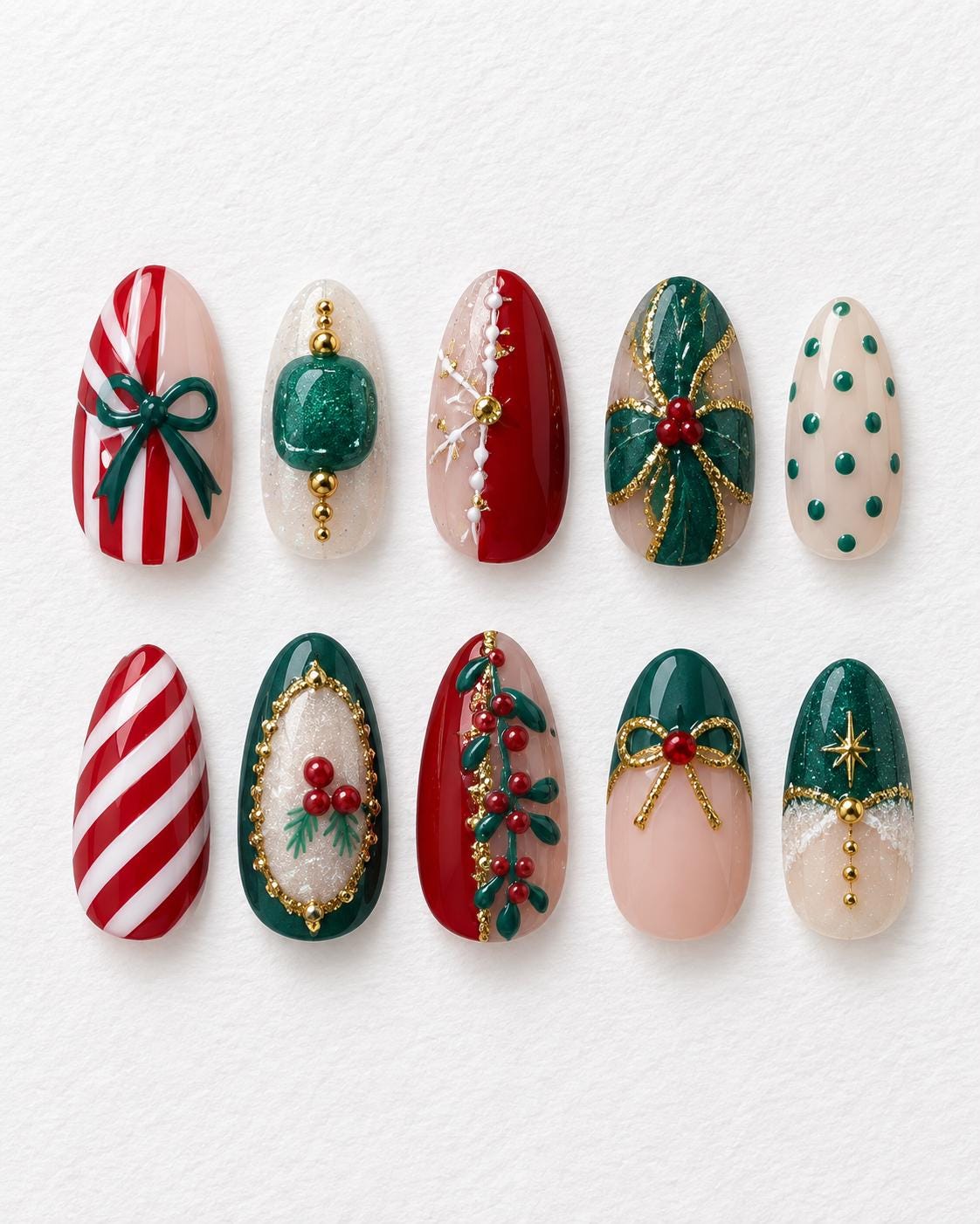 Red, Green and White Christmas Nails With Candy Cane Stripes, Bows and Gold Details