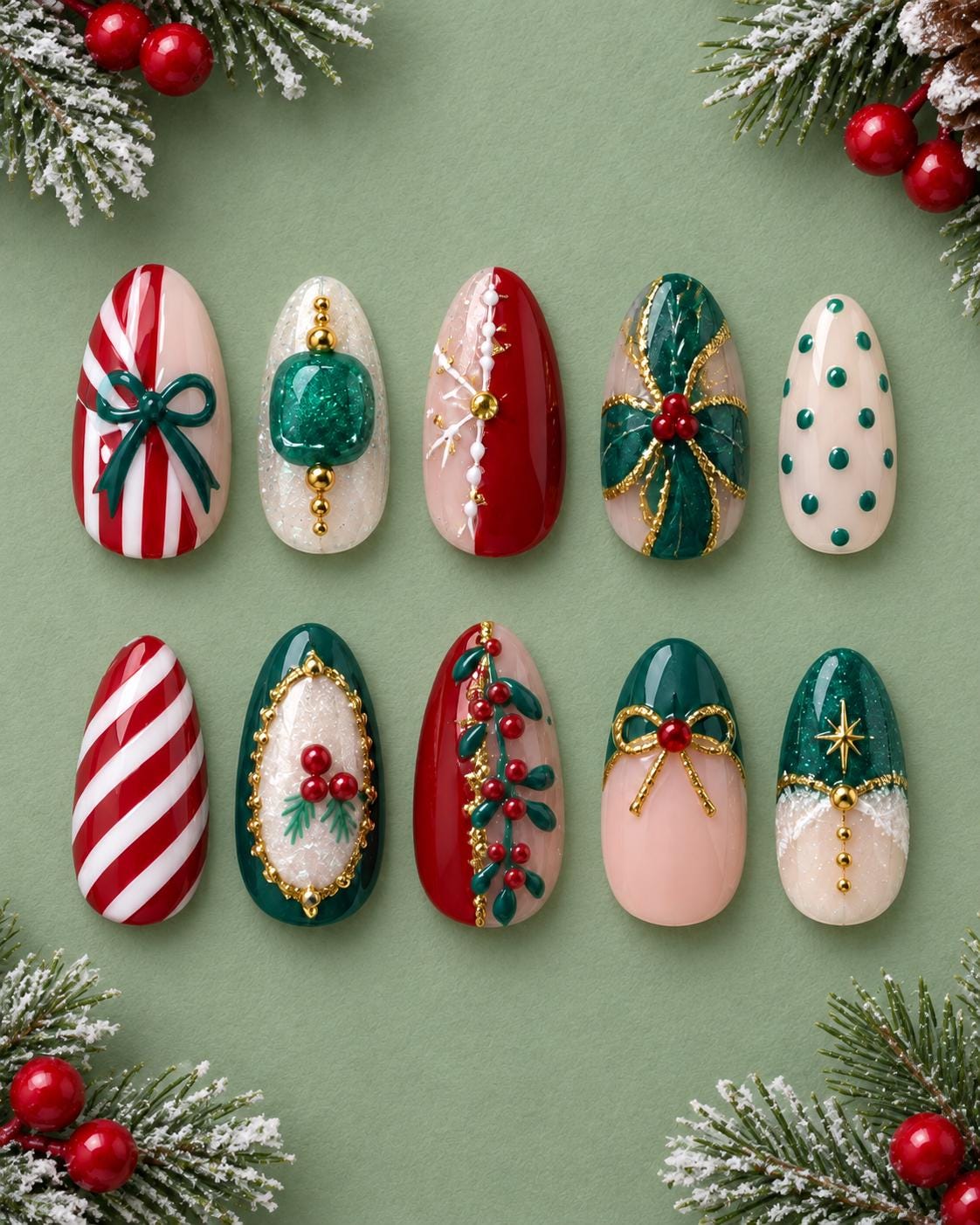 Red, Green and White Christmas Nails With Candy Cane Stripes, Bows and Gold Details