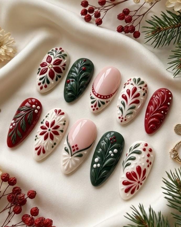 Red, Green & Cream Christmas Floral Press On Nails