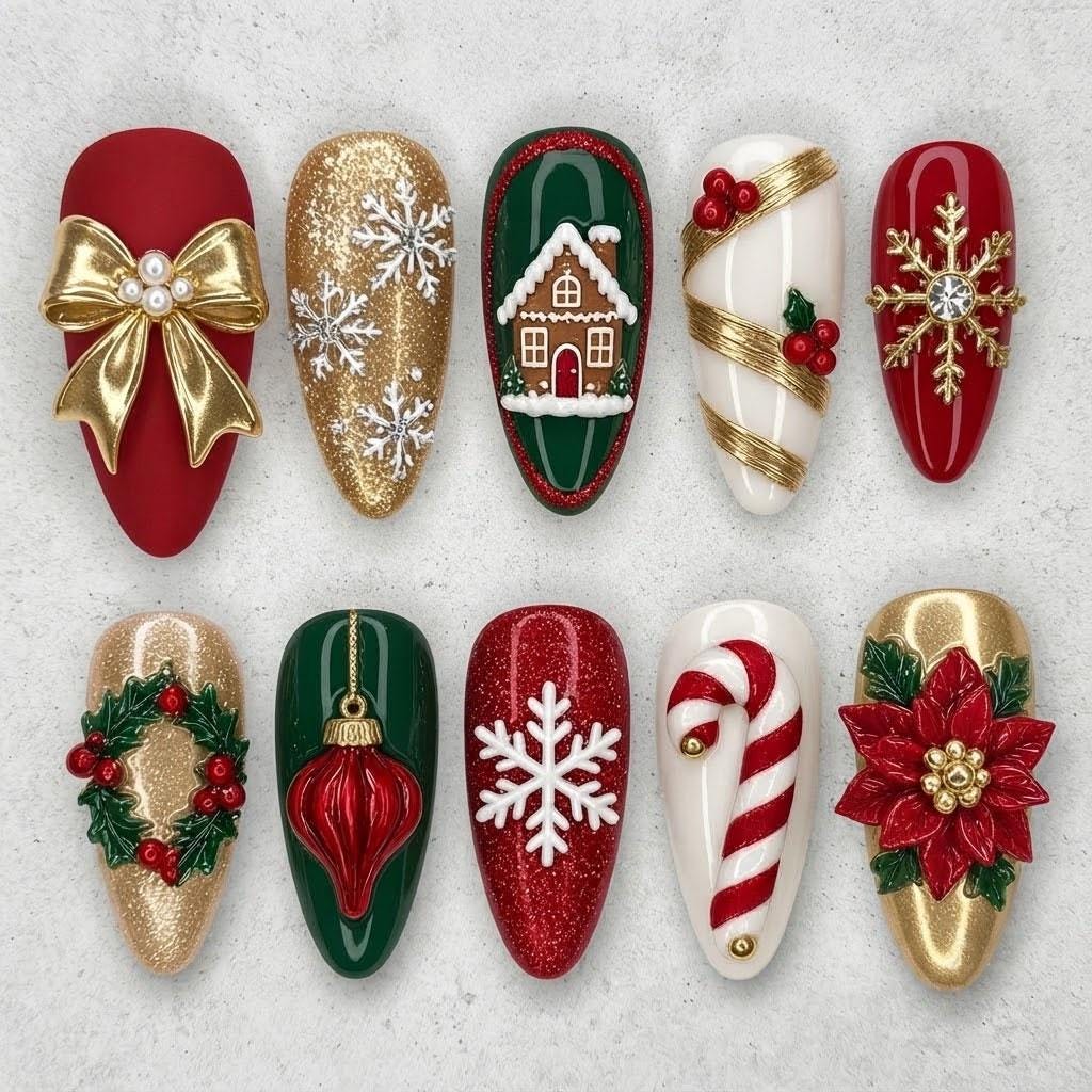 Red, Green & Gold Christmas Nail Set with 3D Bows, Snowflakes and Holiday Details