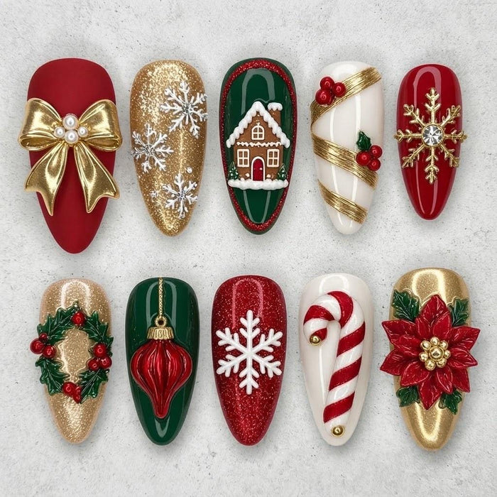 Red, Green & Gold Christmas Press On Nail Set with 3D Bows, Snowflakes and Holiday Details