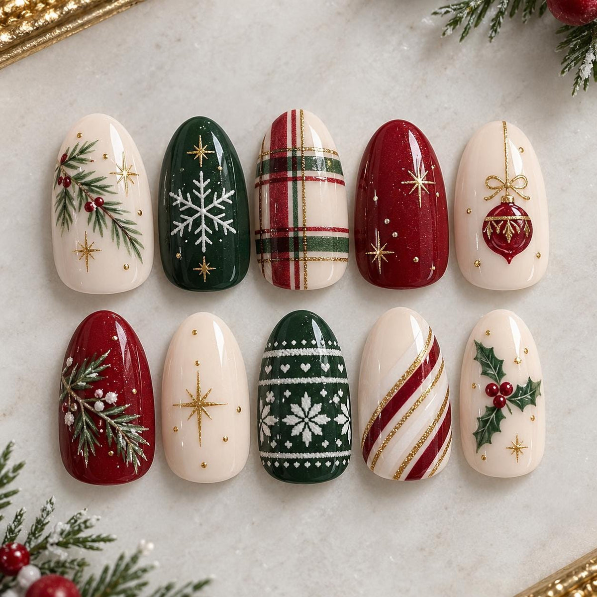 Red, Green & Ivory Christmas Nails With Plaid, Holly and Gold Glitter