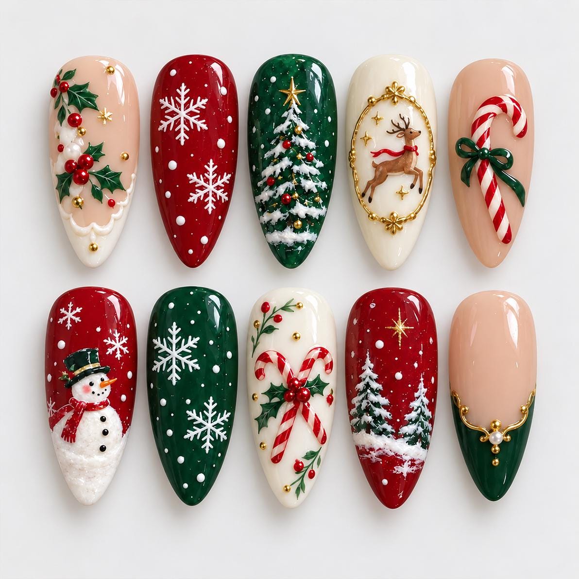Red, Green & Ivory Christmas Nails With Snowflakes, Trees and Holiday Characters