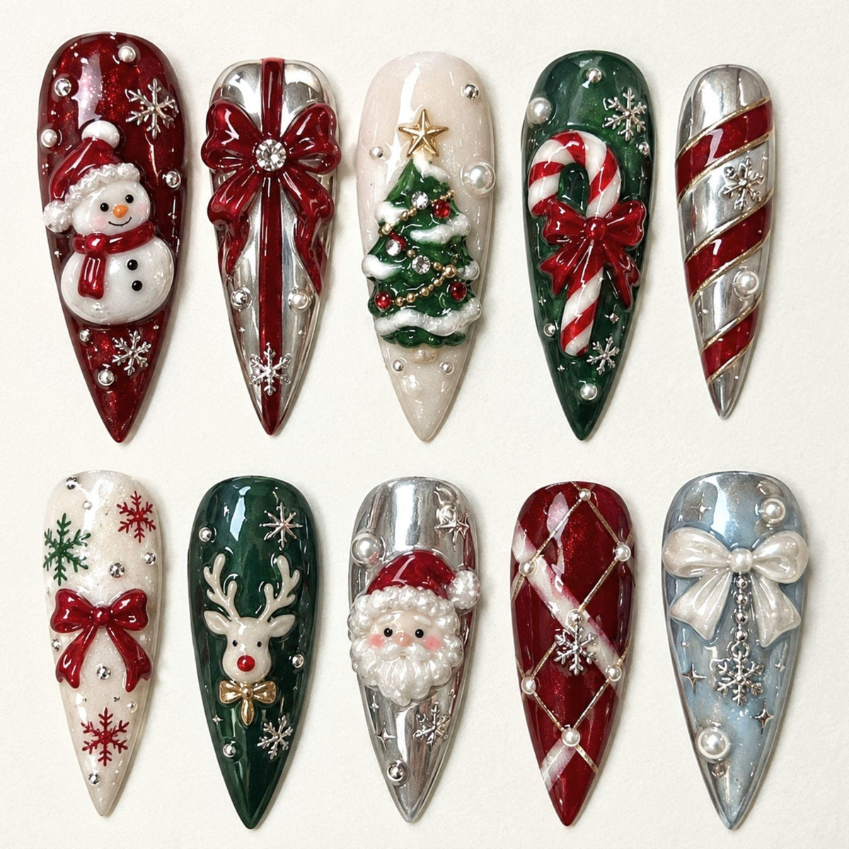 Red, Green & Silver Chrome Christmas Nails With Santa, Snowmen and Holiday Motifs