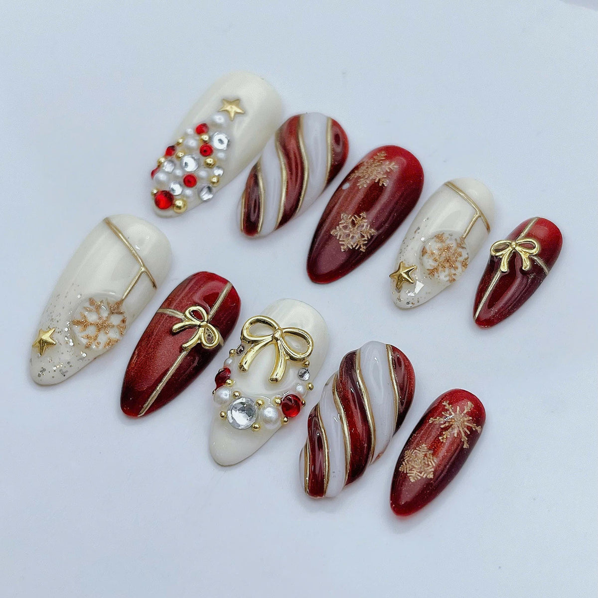 Red, Ivory & Gold Christmas Nails with Bows, Snowflakes and Rhinestones