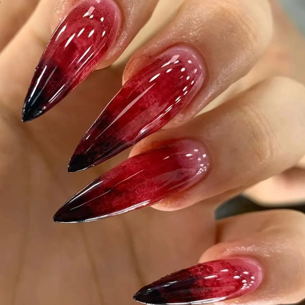Red Jelly Ombre Press On Nails with Black Marbled Tips