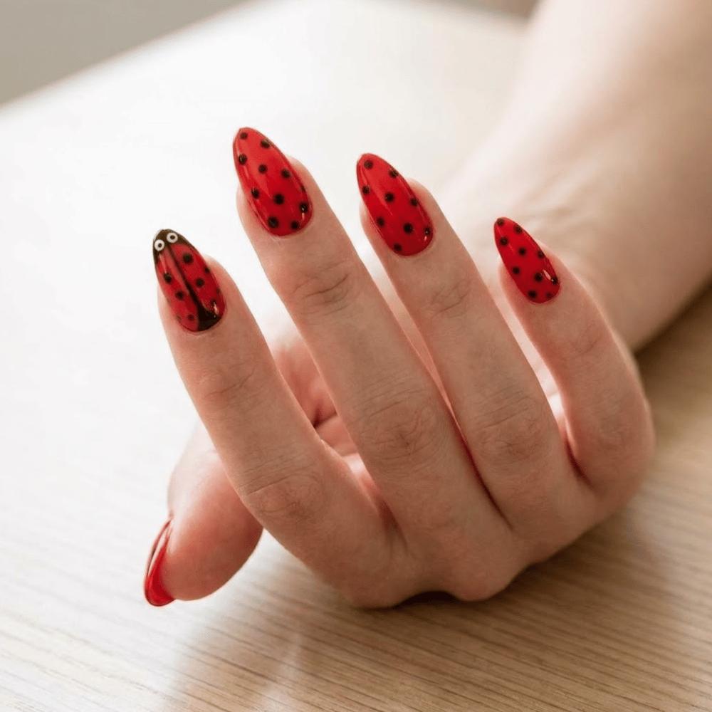 Red Ladybug Press On Nails With Black Spots
