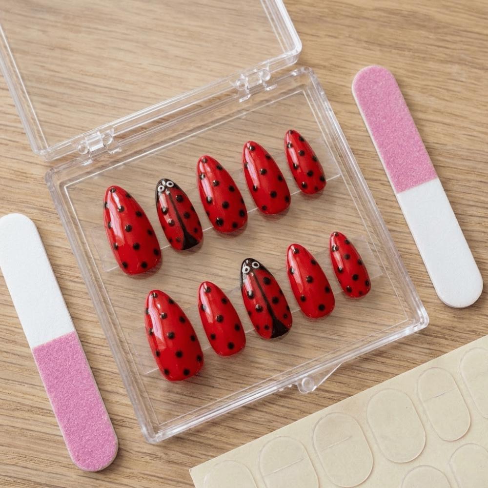 Red Ladybug Press On Nails With Black Spots