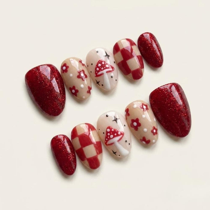 Red Mushroom and Floral Plaid Press On Nails With Glitter