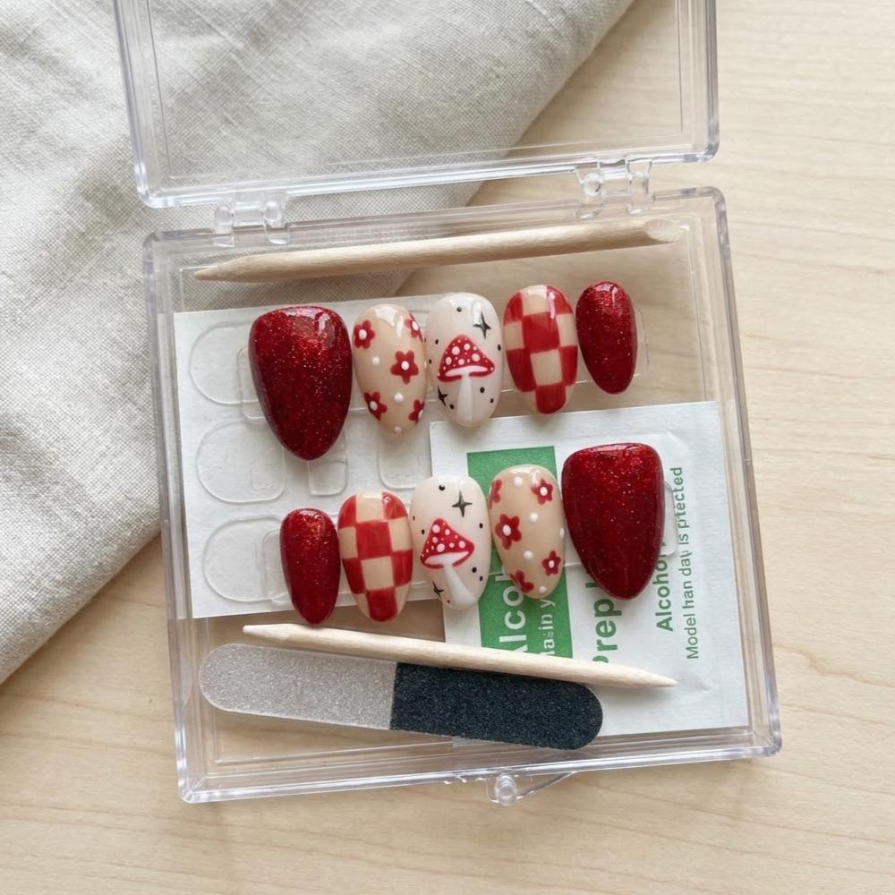 Red Mushroom and Floral Plaid Press On Nails With Glitter