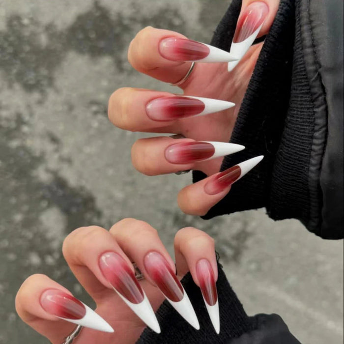 Red Ombré Press On Nails With Long White Tips