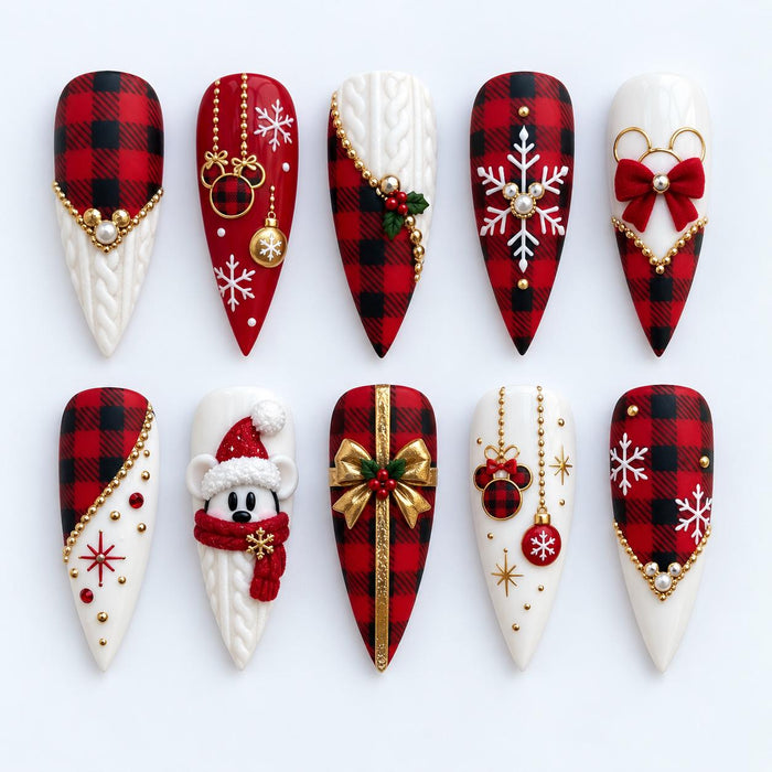 Red Plaid Christmas Press On Nails With Cable-Knit Texture, Snowflakes and Festive Charms
