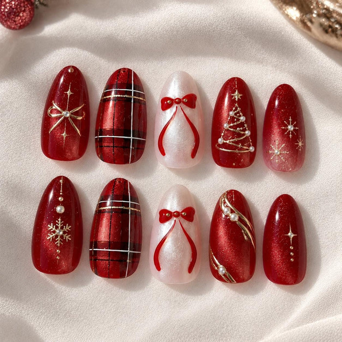 Red Plaid Christmas Press On Nails with Gold Stars, Snowflakes, Trees and Raised Bows