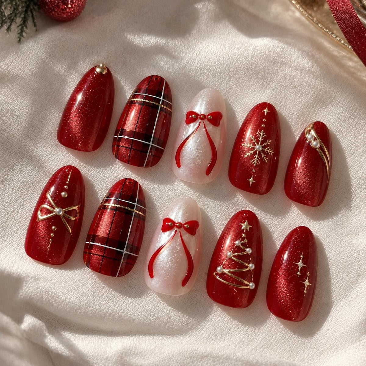 Red Plaid Christmas Nails with Gold Stars, Snowflakes, Trees and Raised Bows