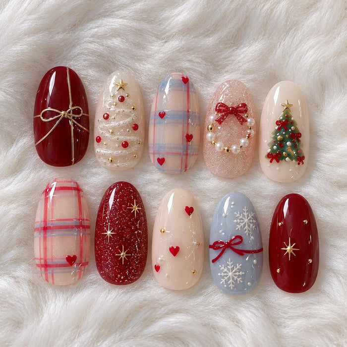 Red Plaid Christmas Press-On Nail Set With Trees, Bows and Snowflakes