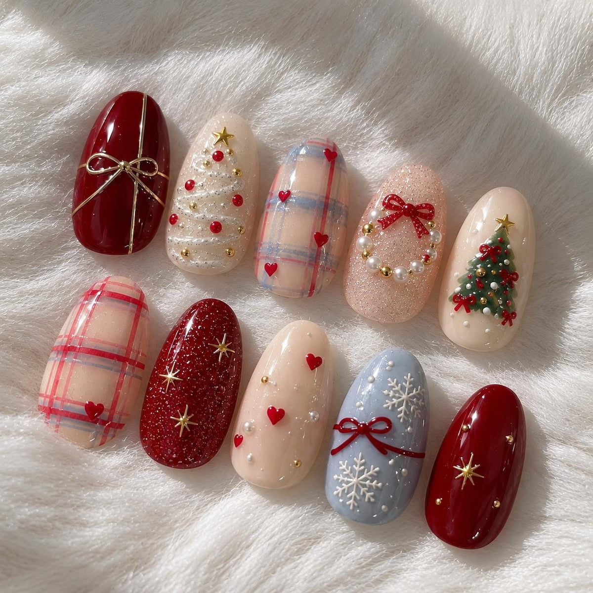 Red Plaid Christmas Press-On Nail Set With Trees, Bows and Snowflakes