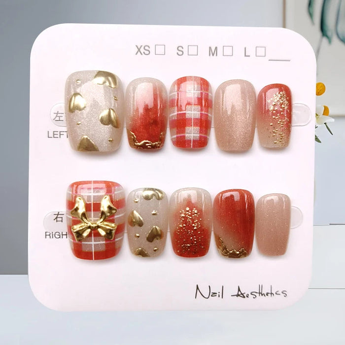 Red Plaid Press-On Nails With Gold Bow and Heart Charms