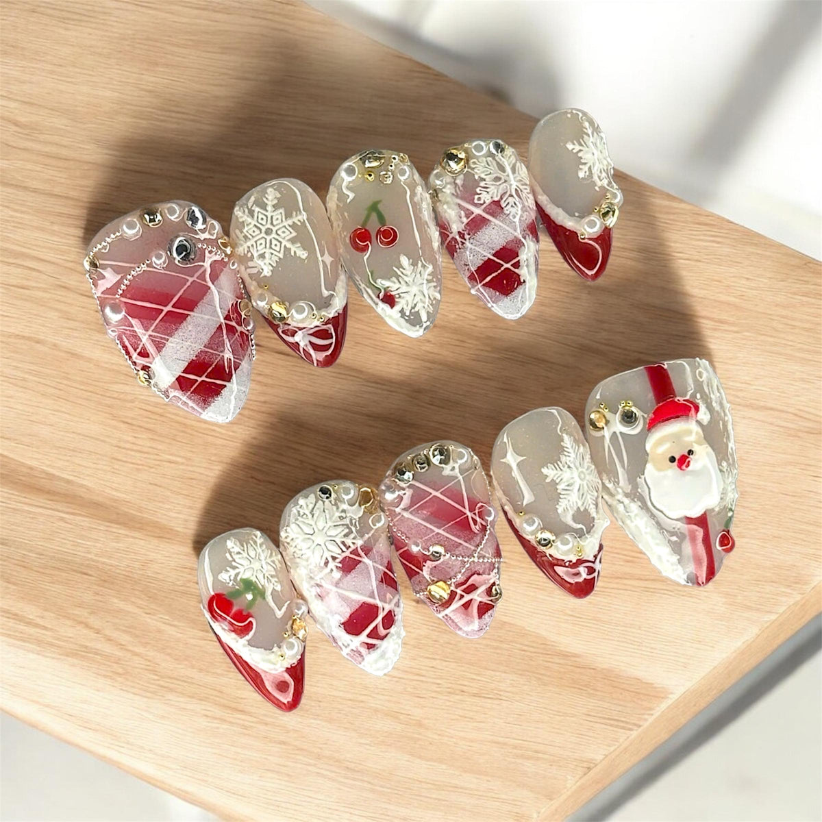 Red Plaid Snowflake Santa Christmas Press-On Nails