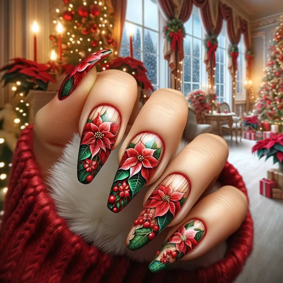 Red Poinsettia Christmas Floral Nail Set