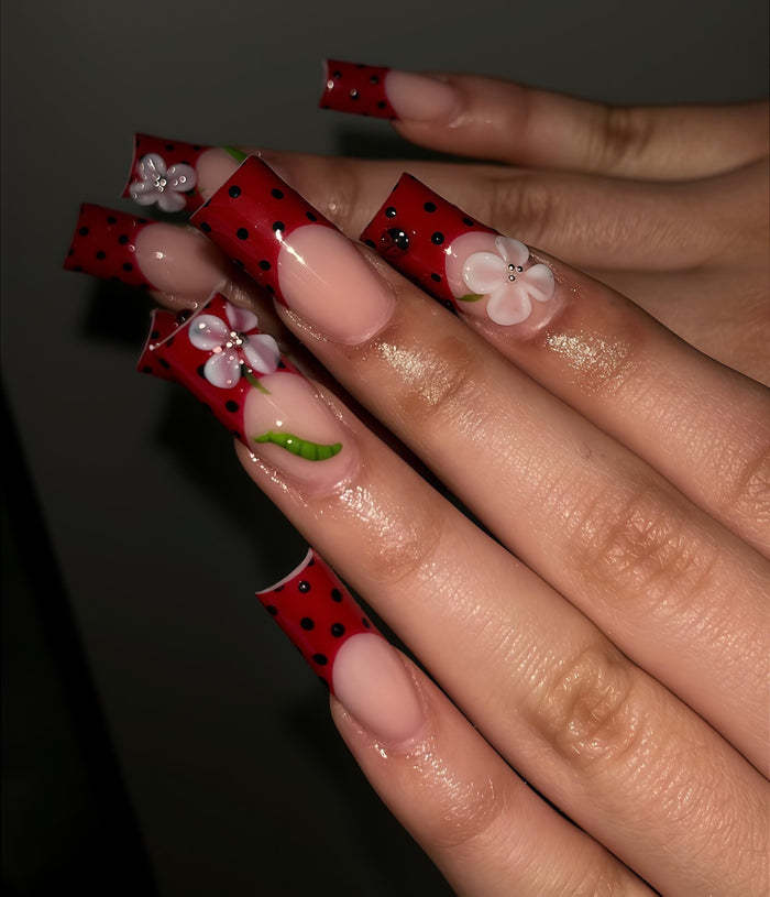 Red Polka Dot French Tip Press On Nails With Raised White Flowers, Ladybug-Inspired