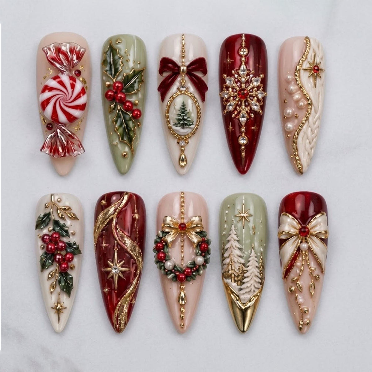 Red, Sage Green & Ivory Christmas Nails With Candy Canes and Gold Details