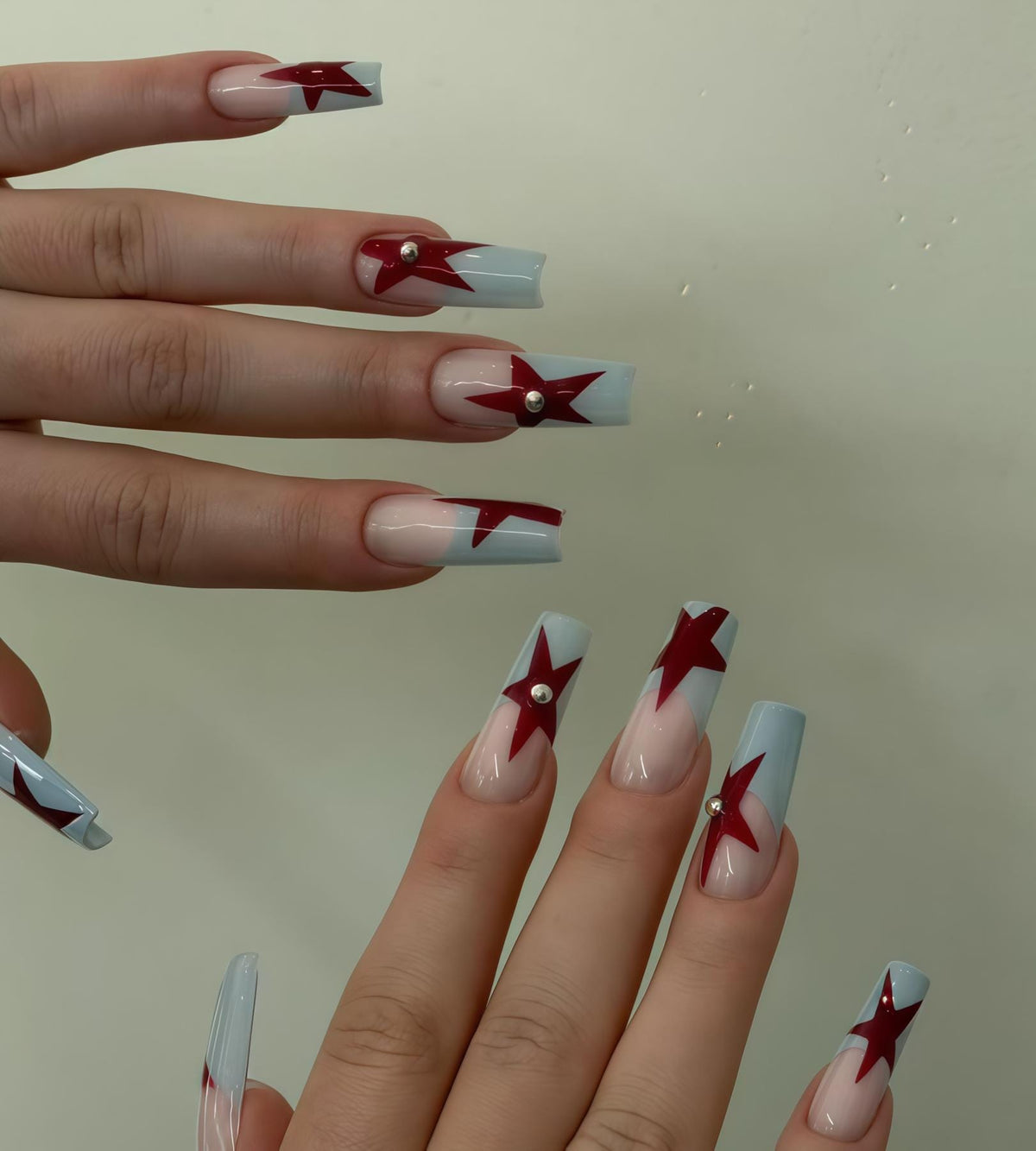 Red Star French Tip Nail Set with Rhinestone Accents