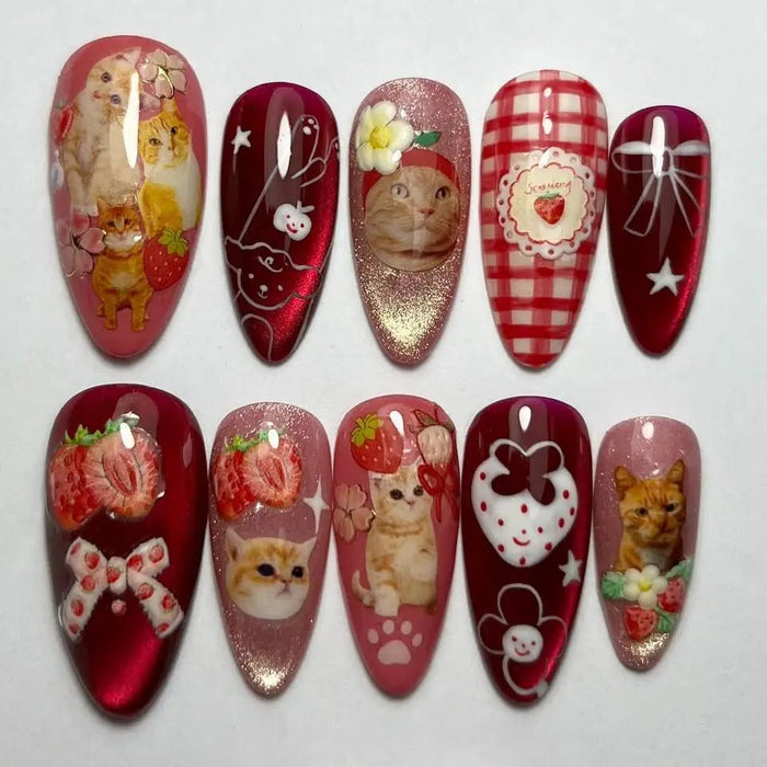 Red Strawberry and Kitten Press On Nail Set with Checks, Bows, and Glitter