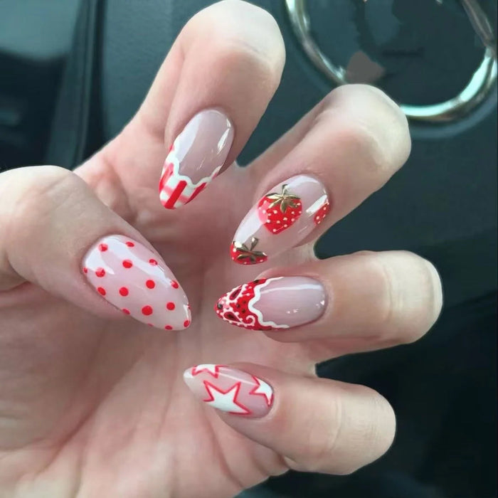 Red Strawberry and Polka Dot French Tip Press On Nail Set