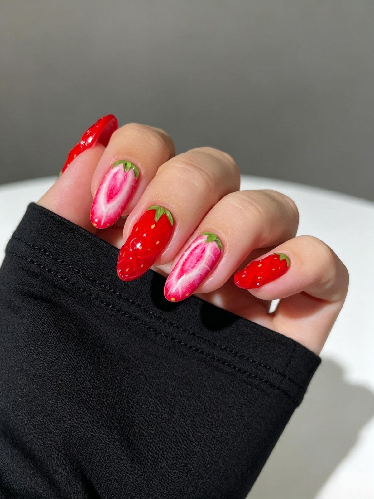 Red Strawberry Press On Nails With Pink Sliced Fruit Accents