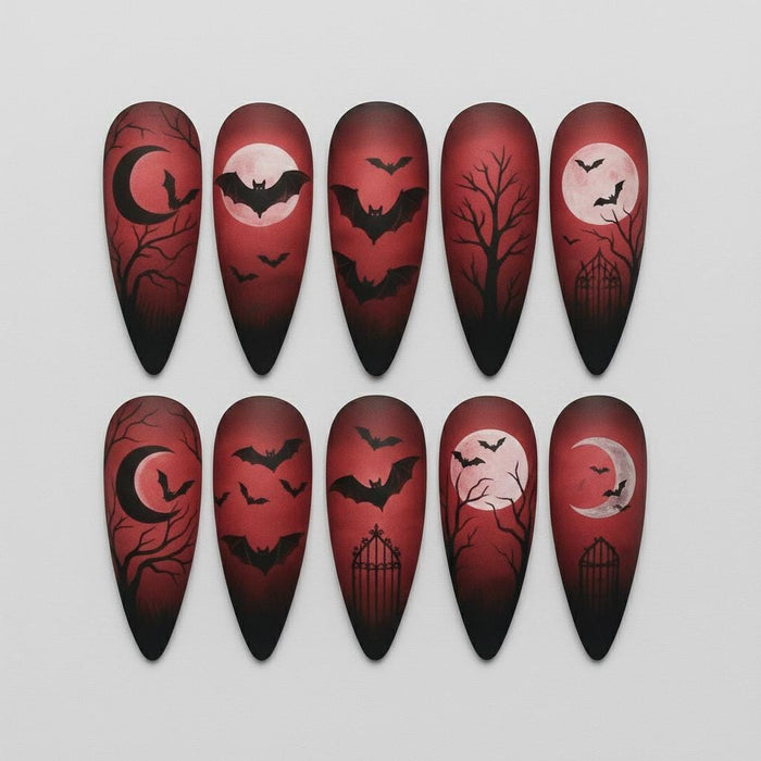 Red-to-Black Gothic Moon and Bat Press-On Nails