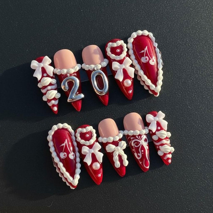Red Vintage Birthday Press On Nails With 3D Bows and Cherry Details