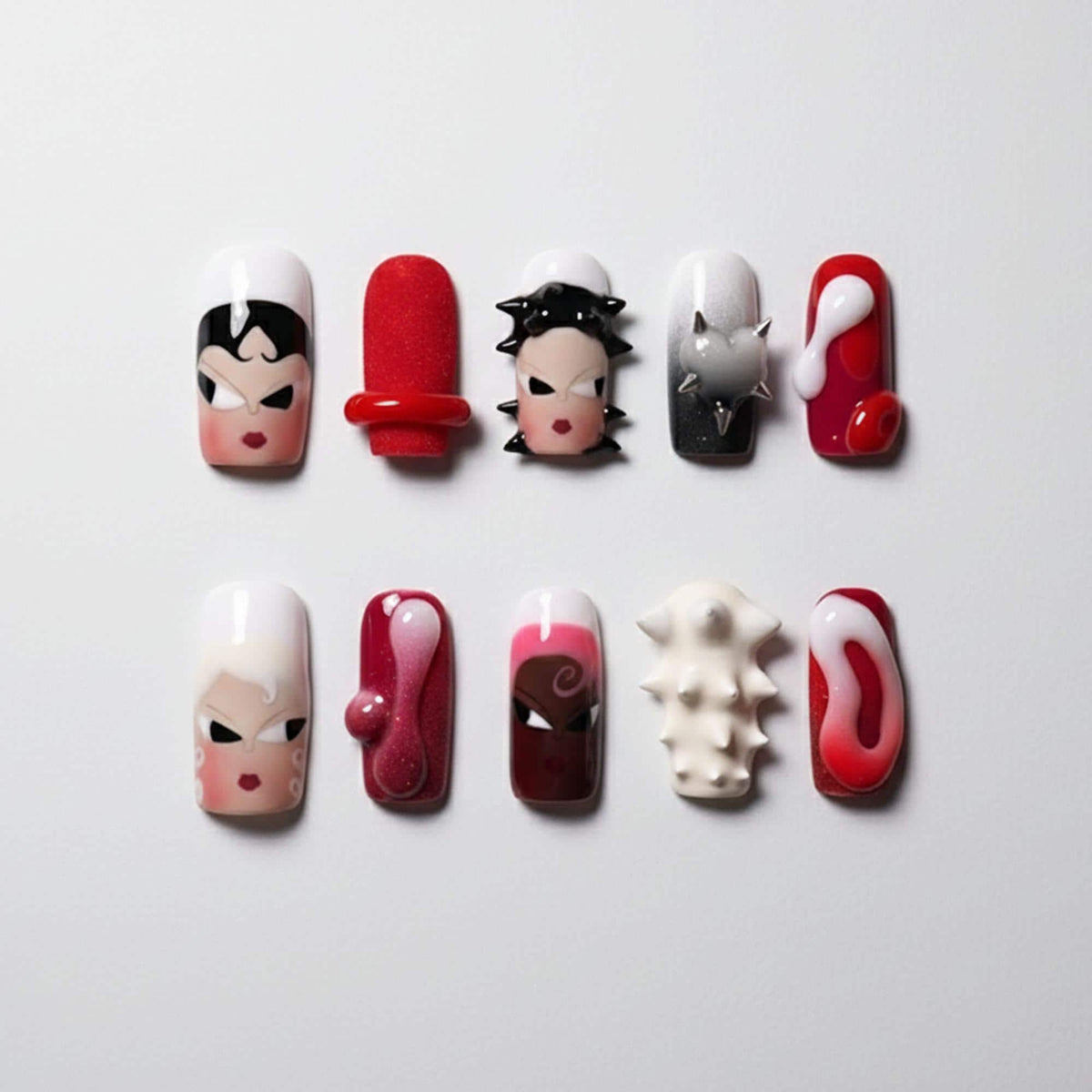 Red, White & Black Diva Face Press On Nails With Sculpted 3D Spikes