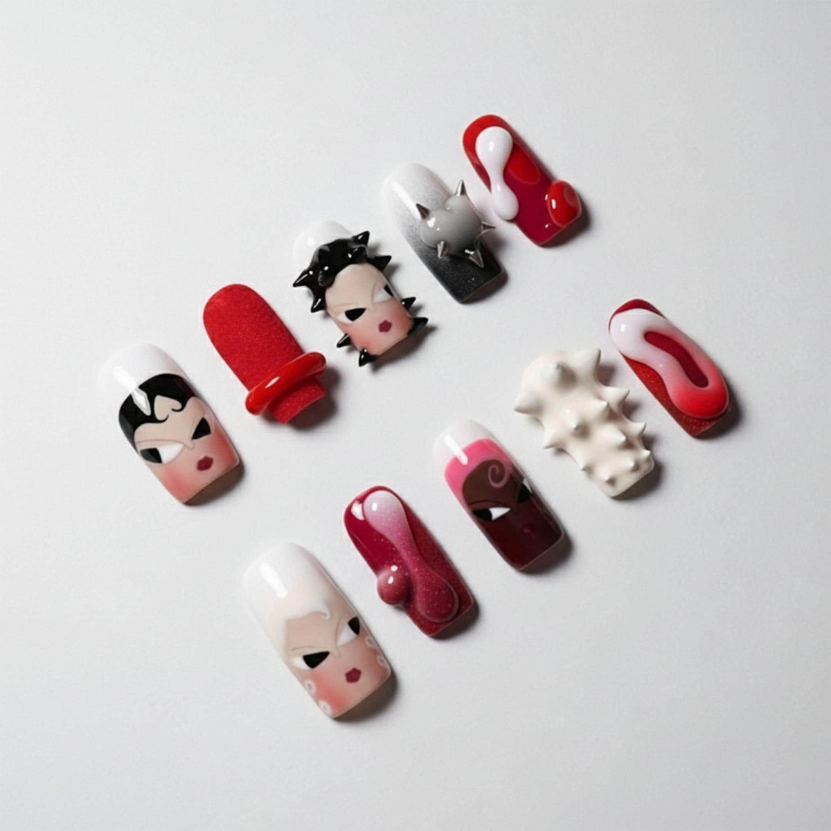 Red, White & Black Diva Face Press On Nails With Sculpted 3D Spikes