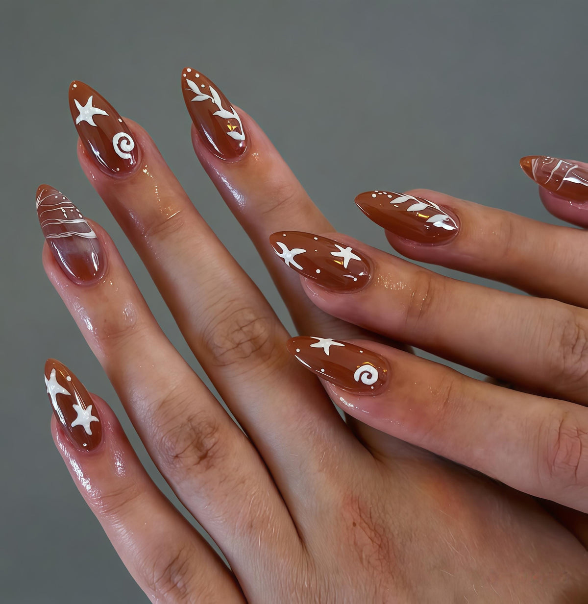 Reddish Brown Starfish and Ocean Line Art Nail Set