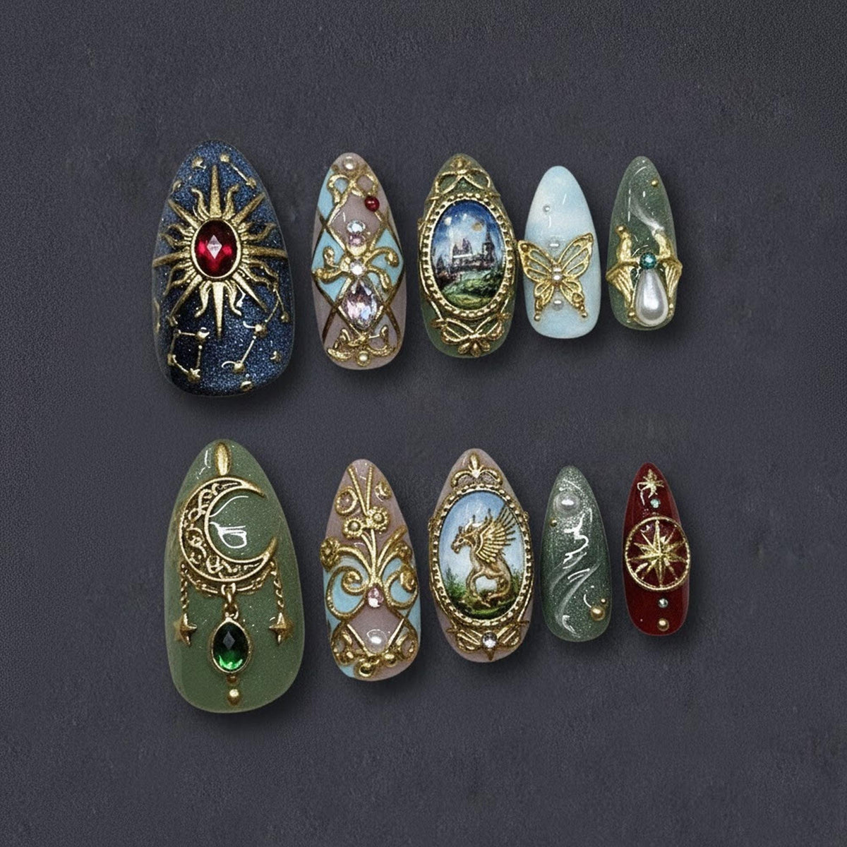 Regal Gold Filigree Fantasy Nail Set With Celestial Motifs and Cameo Art