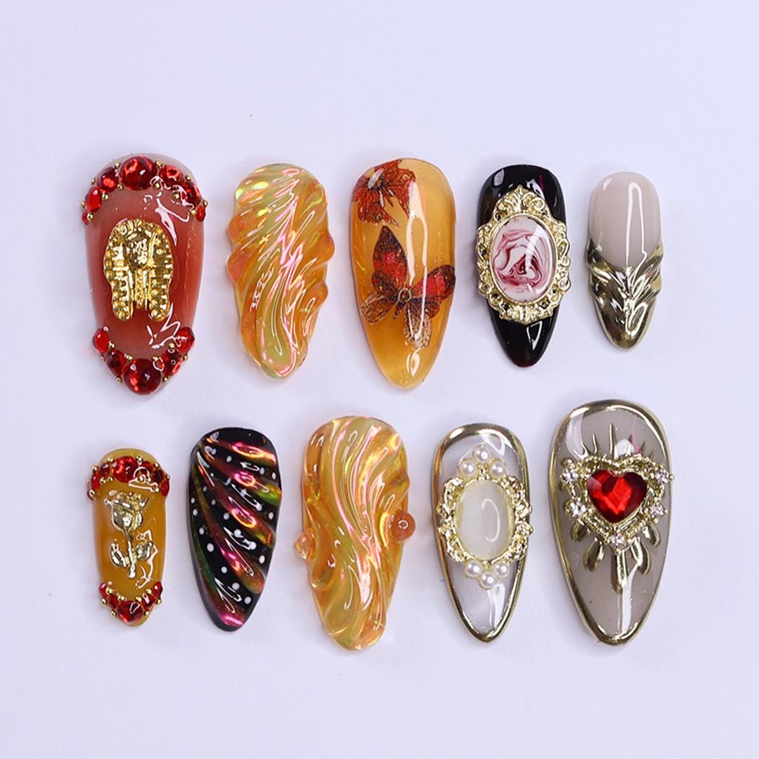 Renaissance Butterfly and Rose Cameo Press-On Nails With Gold and Rhinestone Details