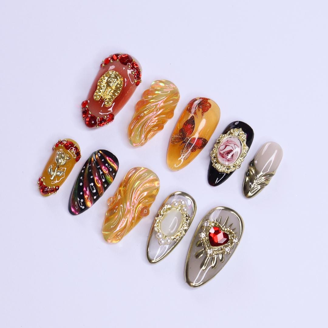 Renaissance Butterfly and Rose Cameo Press-On Nails With Gold and Rhinestone Details