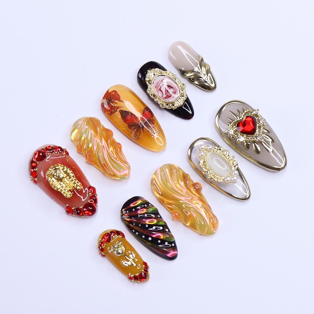 Renaissance Butterfly and Rose Cameo Press-On Nails With Gold and Rhinestone Details