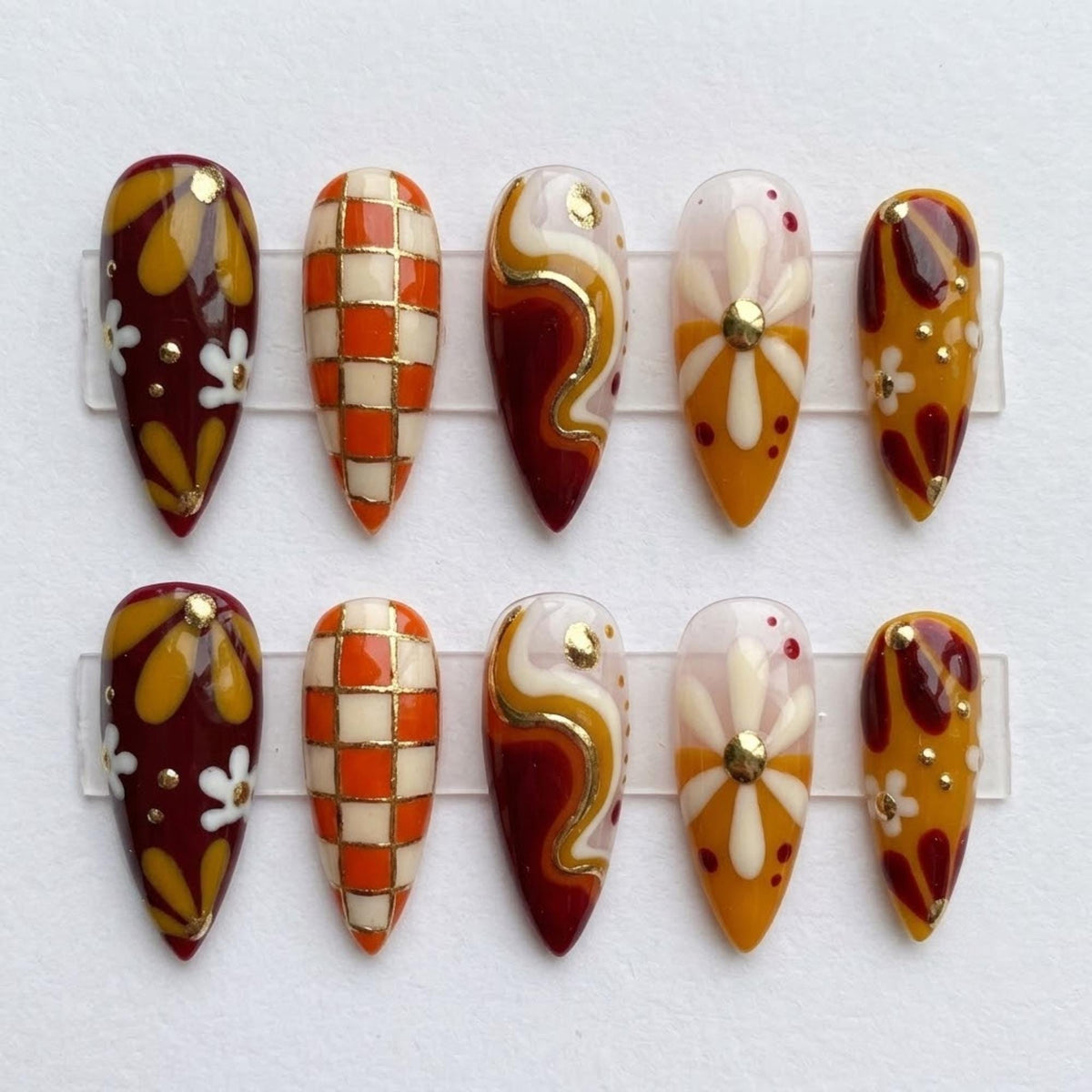 Retro 70s Fall Daisy and Checkerboard Press On Nails in Mustard, Burgundy & Orange